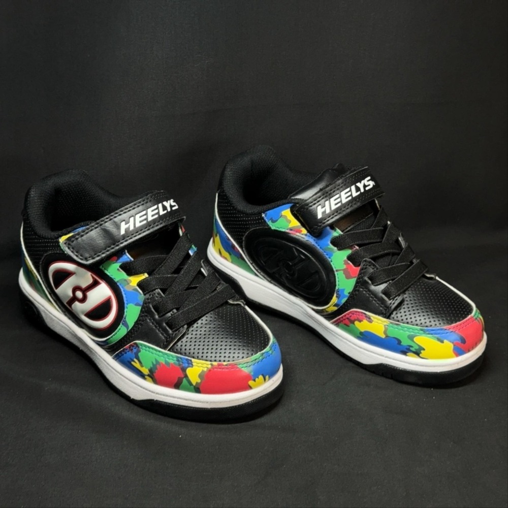 Heelys‎ Plus X2 Shoes Kids Size 3 Black Multicolor Camo Wheels Strap Skate